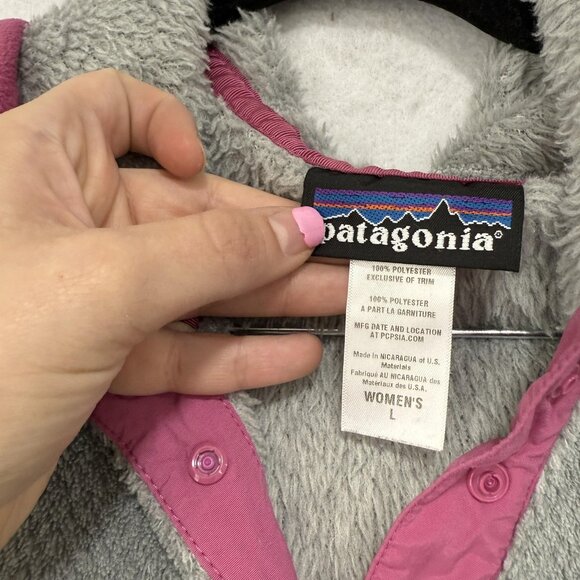 Patagonia Sweater Womens Large Gray Pink Hooded Fleece Pullover Synchilla Lining - Picture 3 of 9